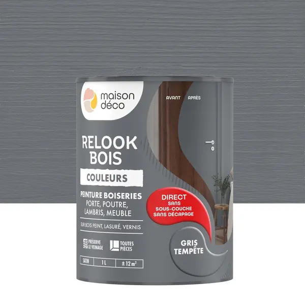 Peinture Relook bois MAISON DECO, gris tempete satine, 1 l - MAISON DECO