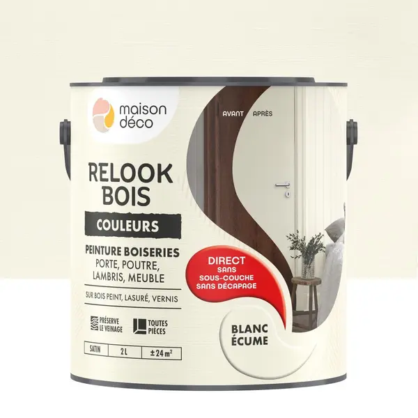 Peinture Relook bois MAISON DECO, blanc ecume satine, 2 l - MAISON DECO