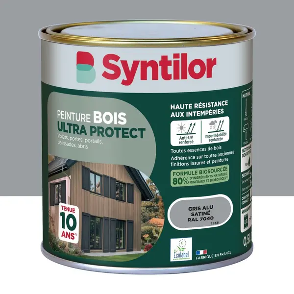 Peinture exterieure bois Ultra protect SYNTILOR gris alu satine 0.5l - SYNTILOR