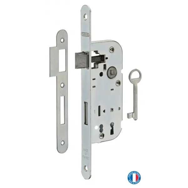 Serrure encastrable à clé pour porte de chambre, axe 40mm, bouts ronds, zingué - THIRARD