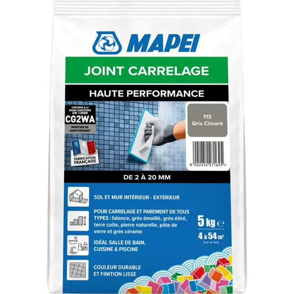 Joint carrelage haute performance gris ciment 113 intérieur et extérieur 5 kg