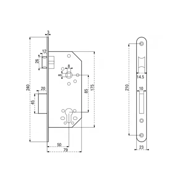 Boitier de serrure encastrable à cylindre pour porte d'entrée, axe 50mm, bouts ronds - THIRARD