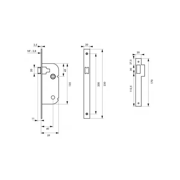 Serrure encastrable NF pour porte intérieure, axe 40mm, bouts carrés, zingué - THIRARD