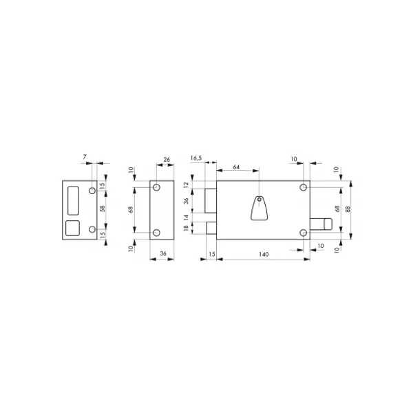 Serrure horizontale en applique 6 gorges à tirage pour entrée, gauche, axe 64mm, carré 7mm, 140x88mm, noir, 2 clés - THIRARD
