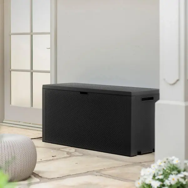 Coffre de jardin EMILY gris anthracite 270 L avec roulettes, L. 118 x l. 45 x H. 57 cm.