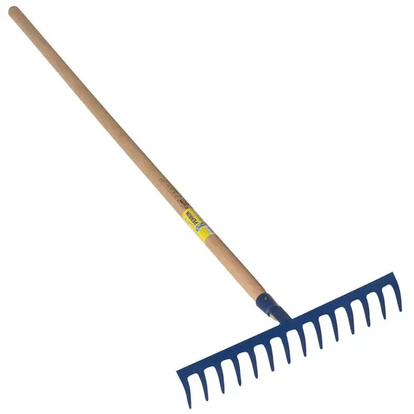 Râteau forgé 14 dents courbes manche bois 1,50 m, outil trempé haute résistance, jardin - PERRIN