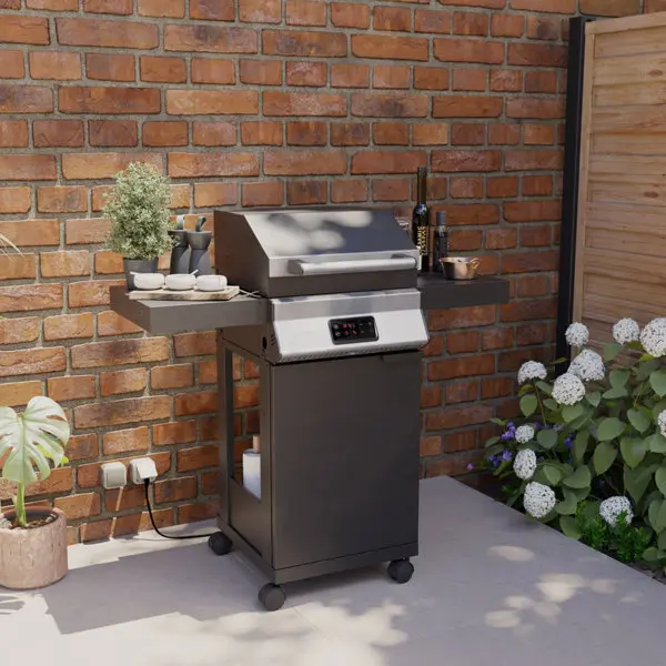 Barbecue électrique noir sur chariot avec écran numérique et couvercle