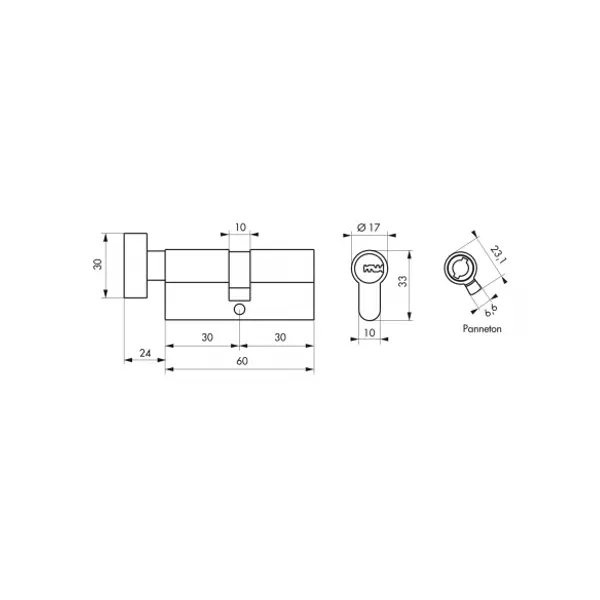 Cylindre de serrure à bouton Trafic 6, 30Bx30mm, laiton, anti-arrachement, anti-perçage, 5 clés - THIRARD