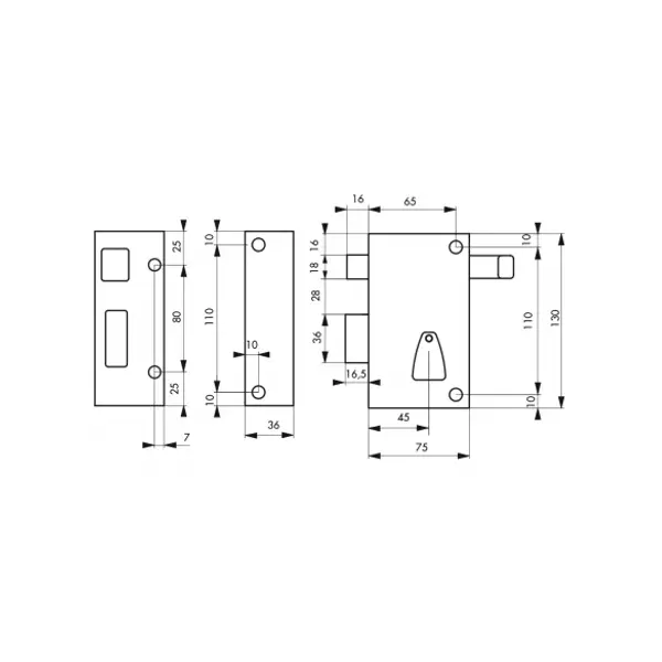 Serrure verticale en applique 6 gorges à tirage pour entrée, gauche, axe 45mm, carré 7mm, 75x130mm, noir, 2 clés - THIRARD