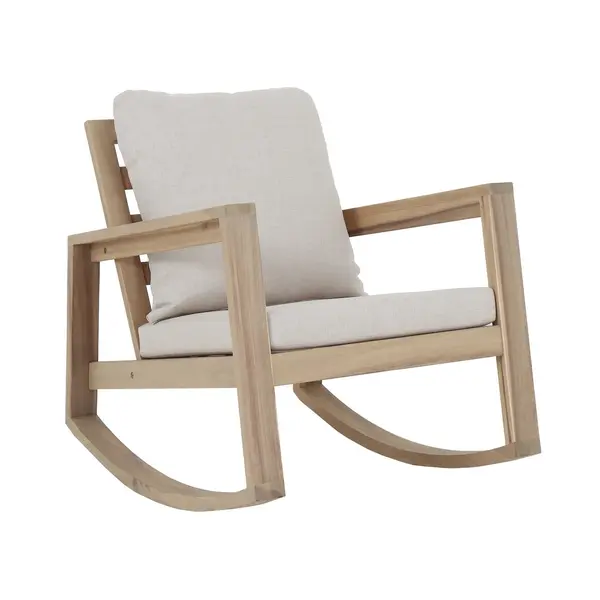 Fauteuil à bascule en acacia FSC avec coussins - PHUKET - Coloris naturel et crème - PROLOISIRS