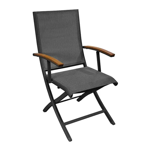 Fauteuil repas pliant - TREVISE - Graphite chevron - Aluminium époxy - Accoudoirs teck FSC - PROLOISIRS