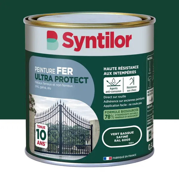 Peinture exterieure fer, alu Ultra protect SYNTILOR vert basque satine0.5l - SYNTILOR