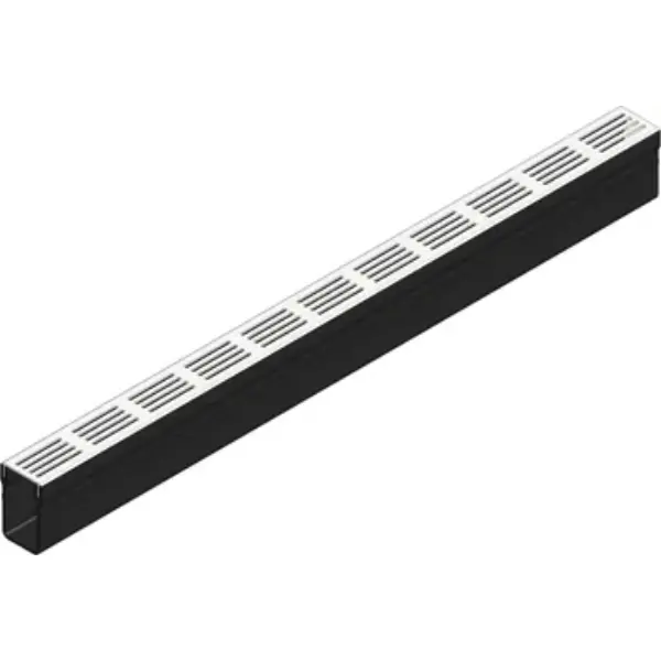 Caniveau E-TEC 65 type 100, en PVC, noir, type M, avec grille Design passerelle en aluminium, gris, à fentes. Clipsé. Cl charge A15, norme EN 1433. L/l/h 1000x65x100mm