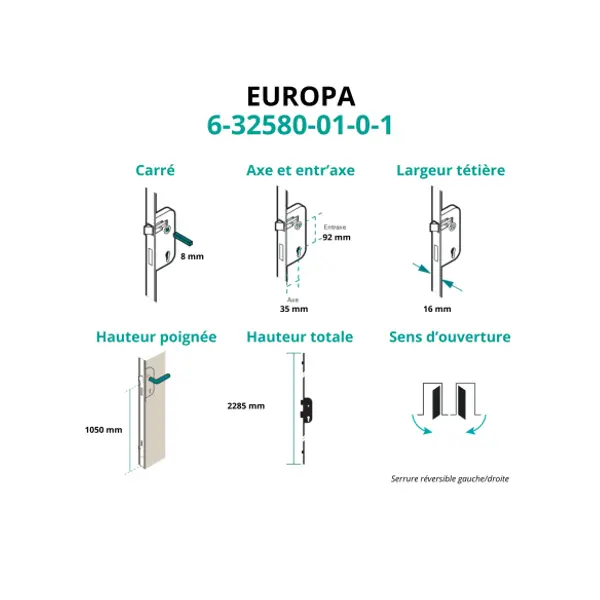 Serrure encastrée Europa à cylindre pour porte d'entrée, axe 35mm, 5pts, H. 2150m, 6-32580-01-0-1 - FERCO by THIRARD