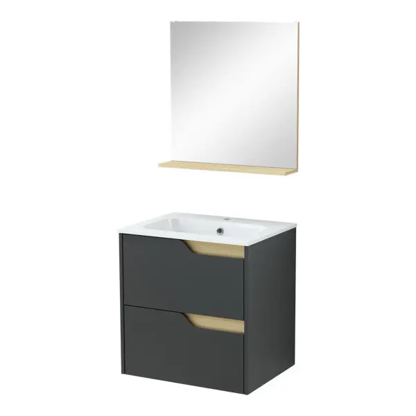 Ensemble meuble de salle de bain suspendu noir avec vasque et miroir TOLIMA 60 cm