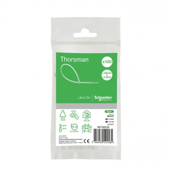 Lot de 100 colliers Rilsan blanc 100x2,5mm - Ultra résistant Polyamide 6.6 - Schneider
