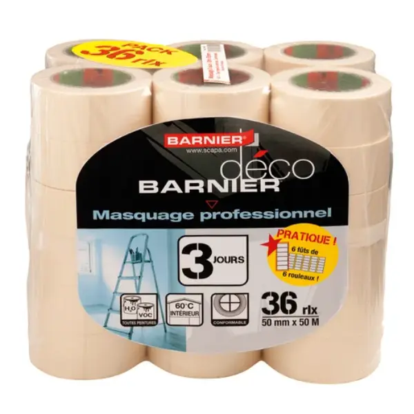 Pack de 36 rouleaux - Ruban adhésif de masquage peinture L50mm - long 50m