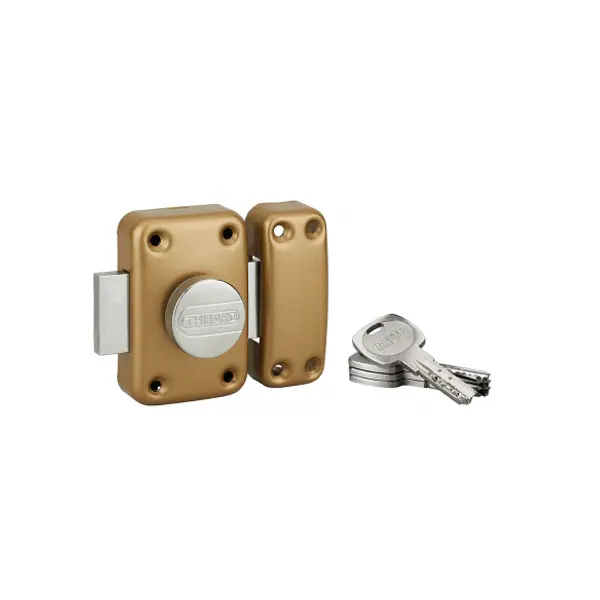 Verrou à bouton Transit 2 pour porte d'entrée, cylindre 40mm, acier, 4 clés, époxy or - THIRARD