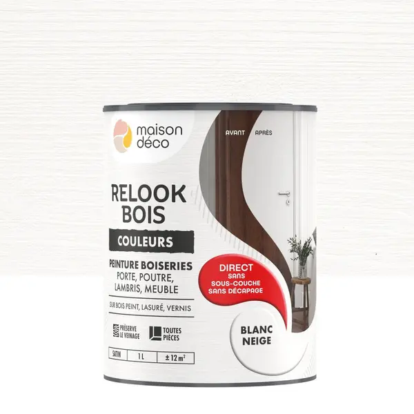 Peinture Relook bois MAISON DECO, blanc neige satine, 1 l - MAISON DECO