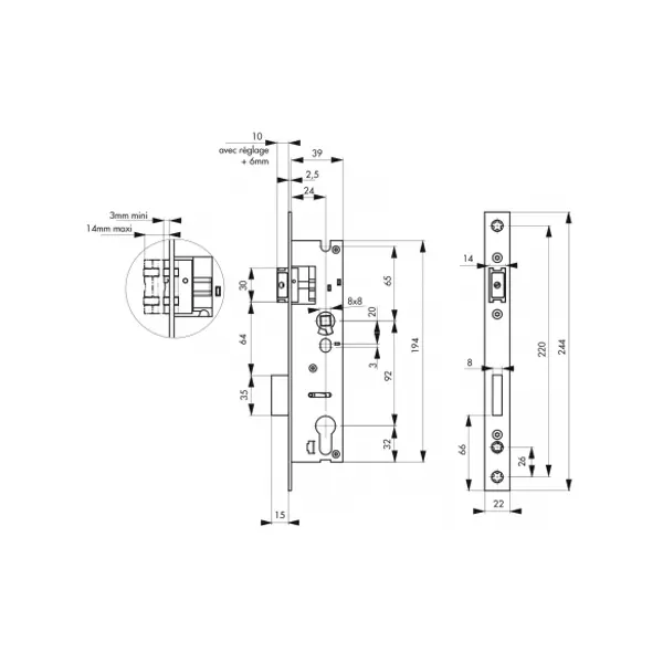 Boitier de serrure encastrable à cylindre pour porte d'entrée, axe 24mm, bouts carrés - THIRARD