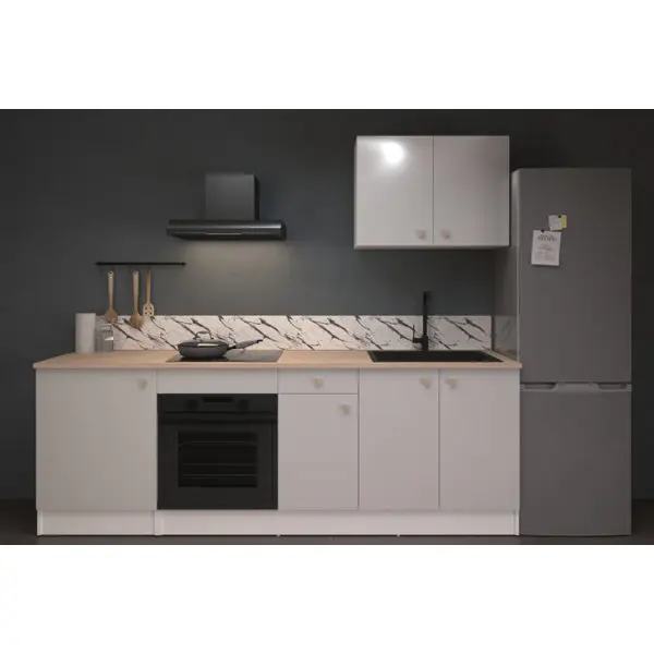 Cuisine en kit blanc brillant avec plan de travail imitation chêne LENA L. 240 cm
