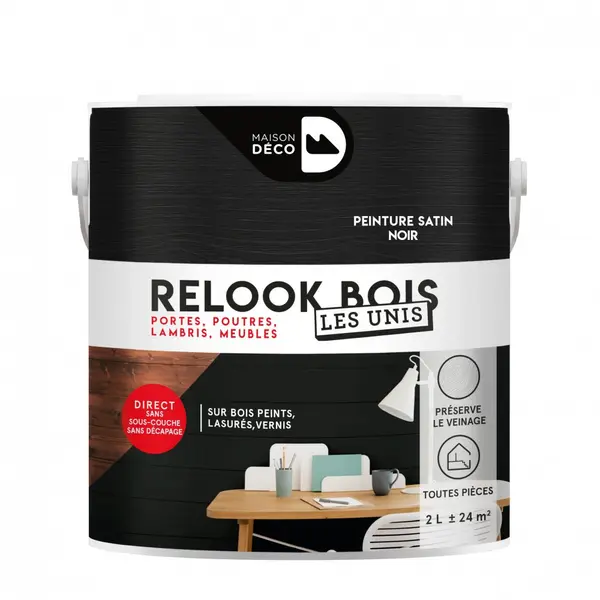 Lasure intérieurepoutre et lambris Relook bois MAISON DECO, noir satiné, 2 l - MAISON DECO