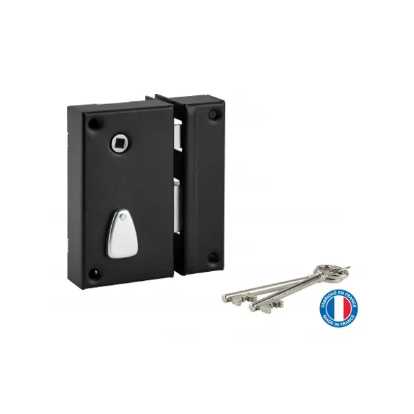 Serrure verticale en applique 6 gorges à fouillot pour entrée, droite, axe 45mm, carré 7mm, 75x130mm, noir, 2 clés - THIRARD