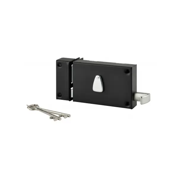 Serrure horizontale en applique 6 gorges à tirage pour entrée, gauche, axe 64mm, carré 7mm, 140x88mm, noir, 2 clés - THIRARD