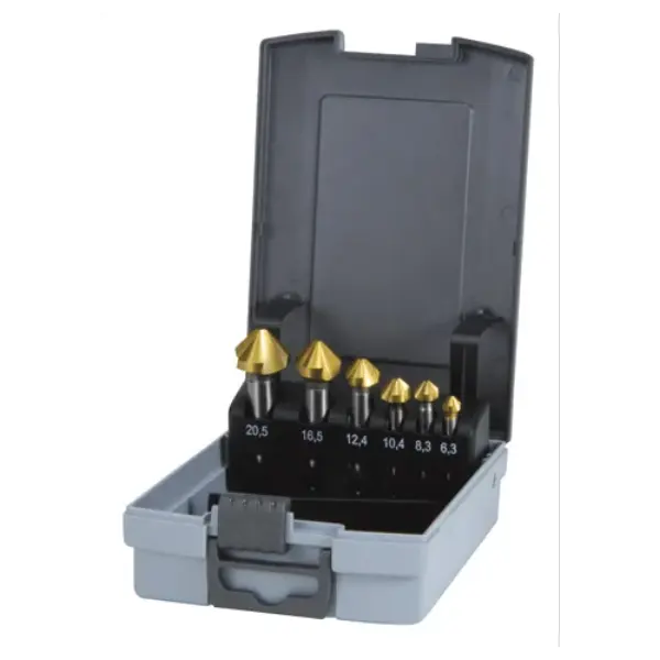 Coffret de 6 fraises HSS à chanfreiner/ébavurer - DIN 335 - angle 9° 6,3 mm-20,5mm Ø6,3 - 8,3 - 10,4 - 12,4 - 16,5 - 20,5