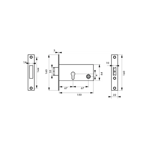 Boîtier de serrure encastrable à cylindre pour porte d'entrée, pêne d. seul, axe 67mm, bouts carrés - THIRARD