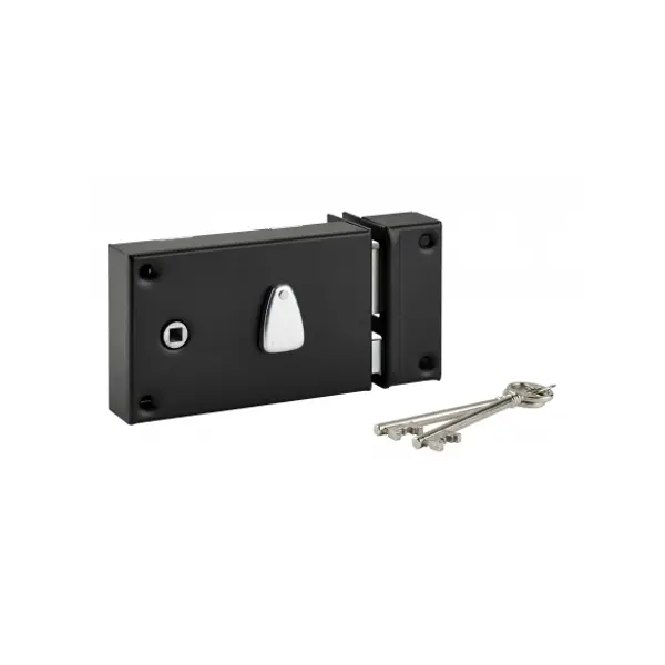 Serrure horizontale en applique 6 gorges à fouillot pour entrée, droite, axe 56mm, carré 7mm, 140x88mm, noir, 2 clés - THIRARD