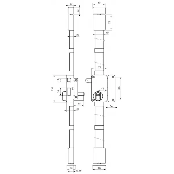 Serrure en applique Beluga A2P* à tirage pour entrée, droite, 3pts, Transit2 30x65mm, axe 45mm, blanc, 4 clés - THIRARD