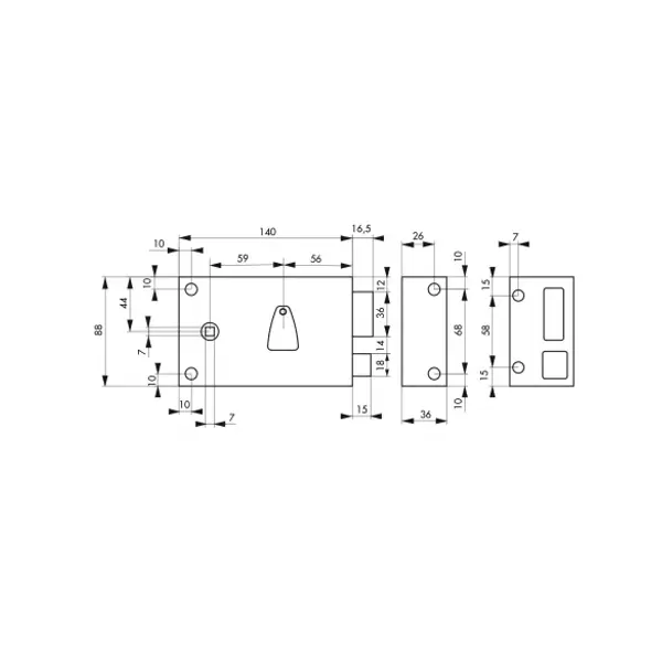 Serrure horizontale en applique 6 gorges à fouillot pour entrée, droite, axe 56mm, carré 7mm, 140x88mm, noir, 2 clés - THIRARD