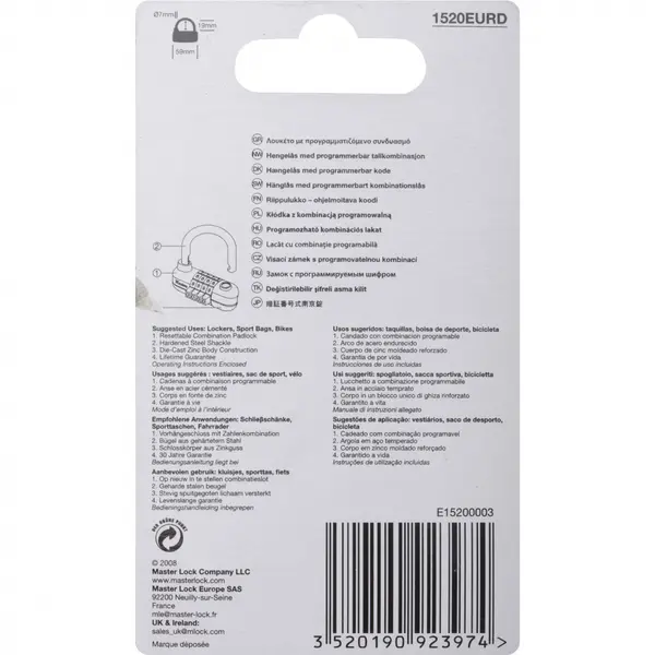 Cadenas à combinaison MASTER LOCK zinc, l.59 mm - MASTER LOCK