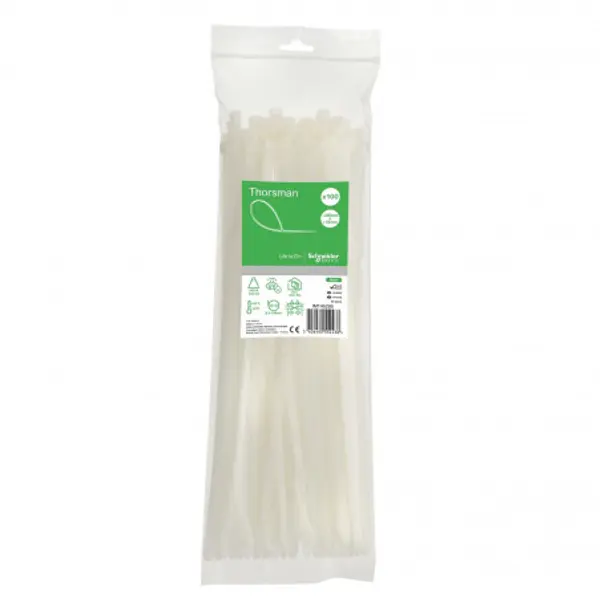 Lot de 100 colliers serre câble plastique blanc 380x7,6mm - Ultra résistant Polyamide 6.6 - Schneider