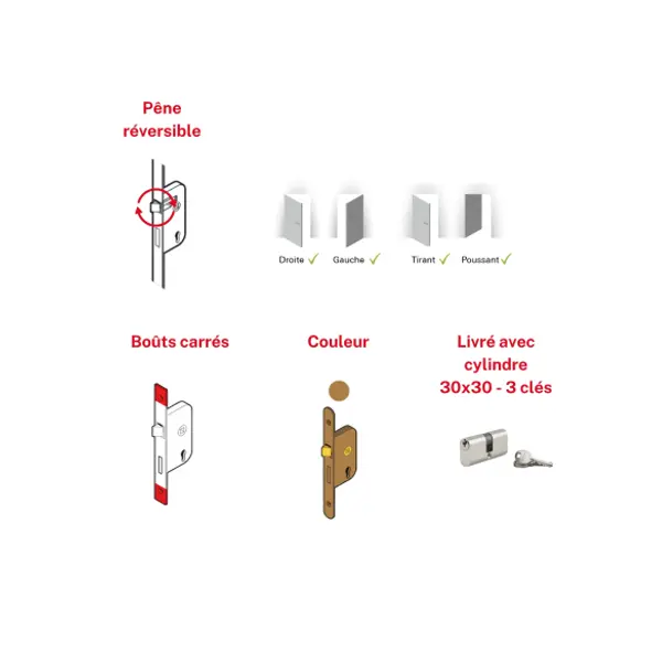 Serrure encastrable pour porte d'entrée avec cylindre en 30x30mm, axe 14mm, 3 clés - THIRARD