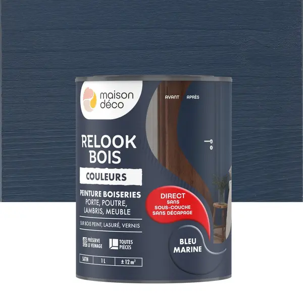 Peinture Relook bois MAISON DECO, bleu marine satine, 1 l - MAISON DECO