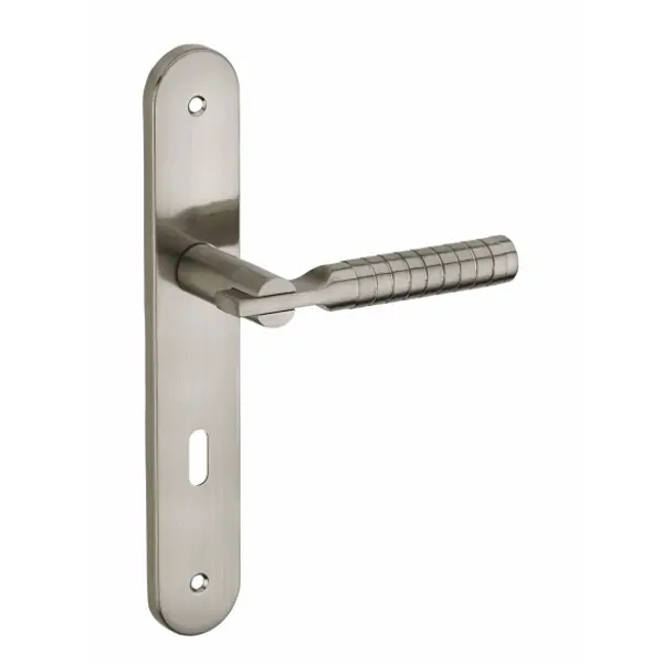 Ensemble de poignées pour porte de chambre Diane trou de clé, carré 7mm, entr'axes 195mm, nickelé brossé - THIRARD
