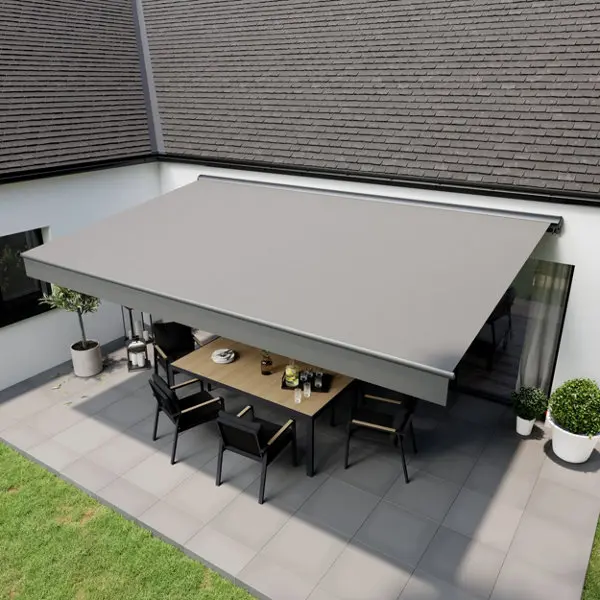 Store banne motorisé gris - 5 x 3 m avec semi-coffre