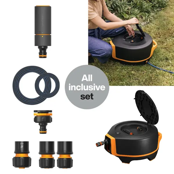 Dévidoir - XL kit complet avec tuyau 20 m - chariot d’arrosage mobile avec accessoires - FISKARS