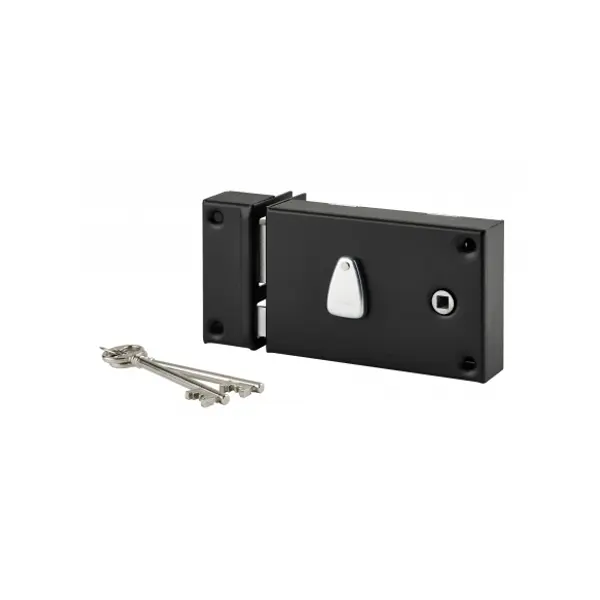 Serrure horizontale en applique 6 gorges à fouillot pour entrée, gauche, axe 56mm, carré 7mm, 140x88mm, noir, 2 clés - THIRARD