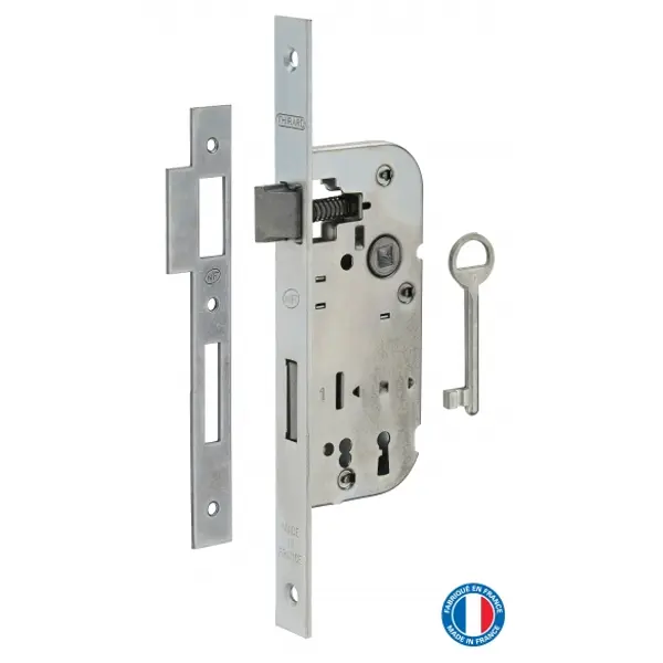 Serrure encastrable NF à clé pour porte de chambre, axe 40mm, bouts carrés, zingué, 1 clé - THIRARD