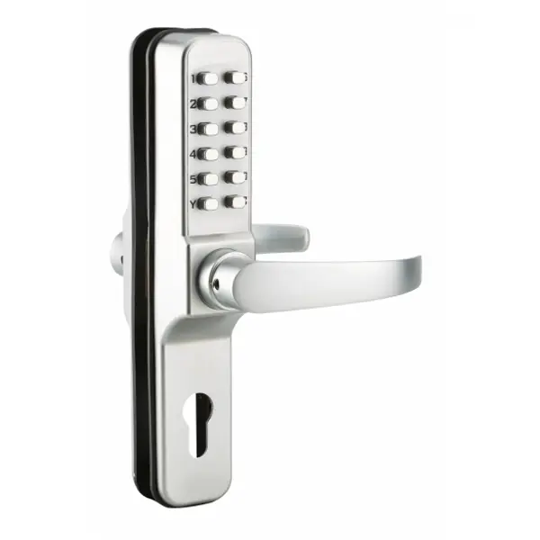 Serrure à combinaison avec paire de béquilles pour serrure encastrable pour porte d'entrée, 8 chiffres, chromé - THIRARD