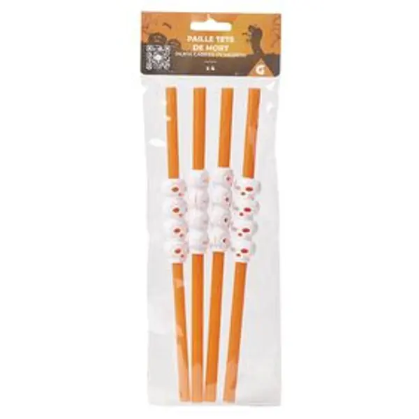 Paille plastique Halloween décor crâne x4