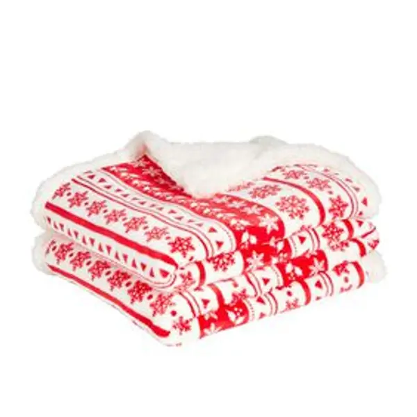 Plaid imprimé flocon Noël rouge blanc dos sherpa 120x150cm