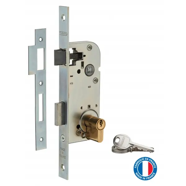 Serrure encastrable à cylindre pour porte d'entrée, axe 40mm, bouts carrés, cylindre 30x30mm, zingué, 3 clés - THIRARD
