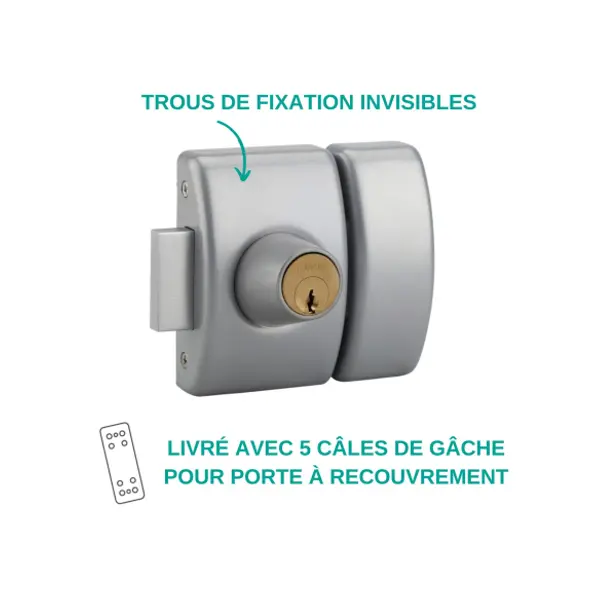 Verrou double entrée Design 5 pour porte d'entrée, cylindre 40mm, acier, 3 clés, argent - THIRARD