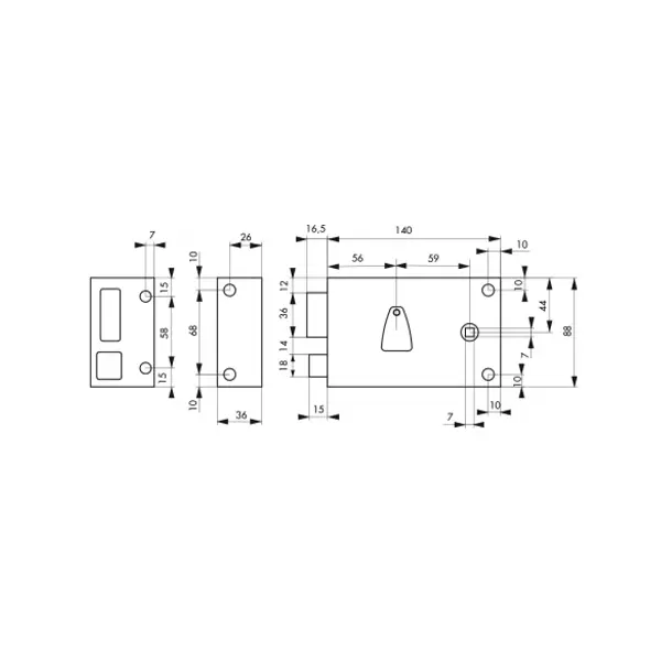 Serrure horizontale en applique 6 gorges à fouillot pour entrée, gauche, axe 56mm, carré 7mm, 140x88mm, noir, 2 clés - THIRARD