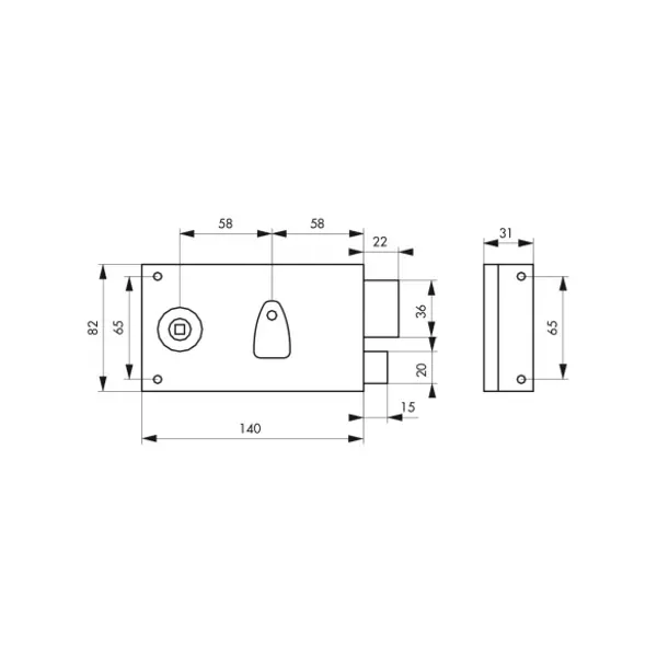 Serrure horizontale en applique à clé à fouillot pour porte de chambre, droite, axe 58mm, 140x82mm, noir, 1 clé - THIRARD