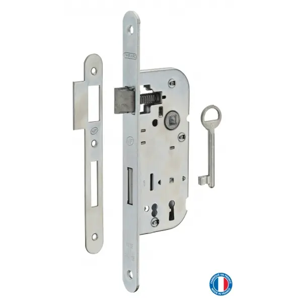 Serrure encastrable NF à clé pour porte de chambre, axe 40mm, bouts ronds, 1 clé - THIRARD